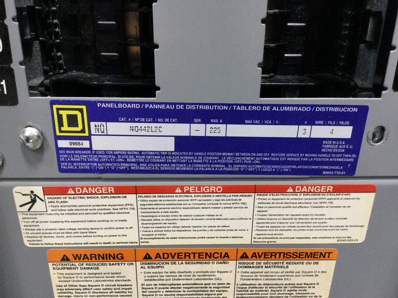 Square D NQ442L2C 225 Amp 240v 3 Phase 4 Wire Type 1 42 Space Panelboard in MH50WP NEMA 3R, 5 & 12 enclosure w/Main Breaker 50" x 20"