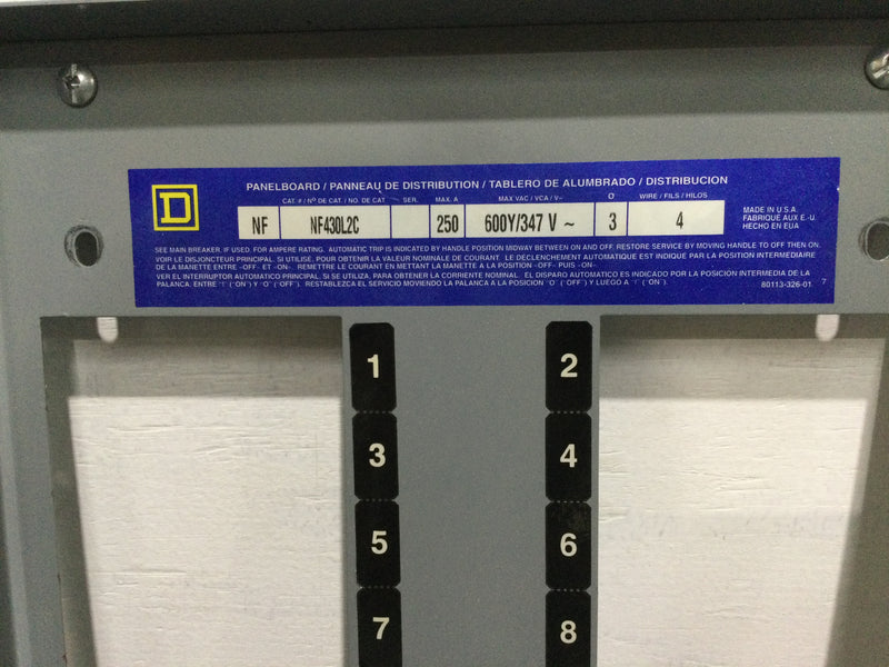 Square D NF430L2C Complete Panelboard 250 Amp MLO 600Y/347V 3 Phase 4 Wire MH38 Enclosure NC38S Cover