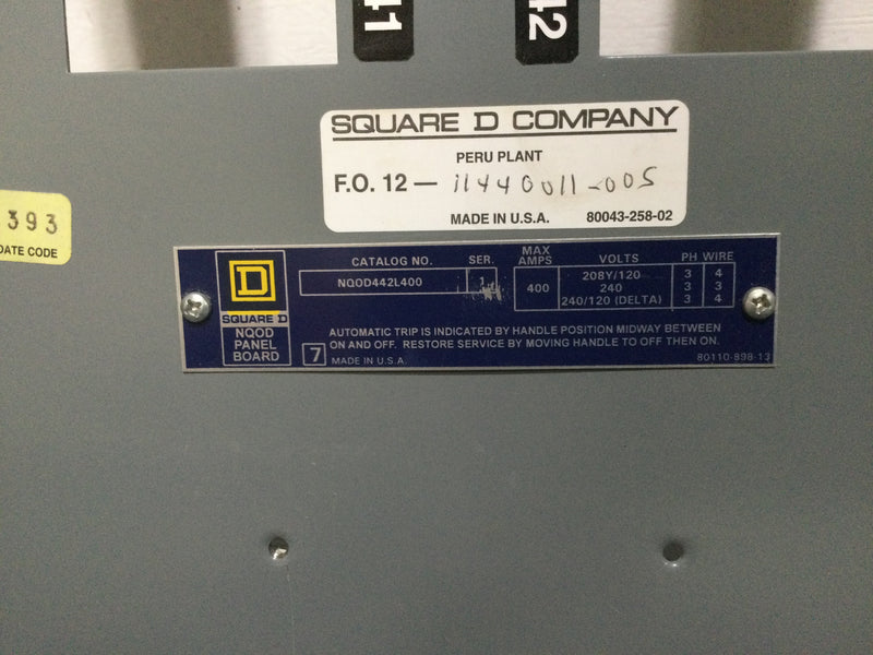 Square D NQOD442L400 3 Phase 4 Wire 400 Amp Main Lug NQOD Panelboard 240V 48VDC 42 Space