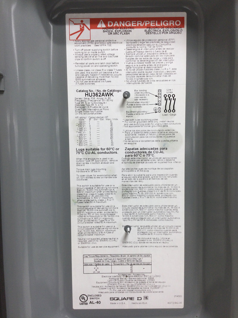 Square D HU362AWK Type HU 60 Amp 600v 3 Pole 3 Phase Nema 12 Series F06 Disconnect Switch Non Fusible