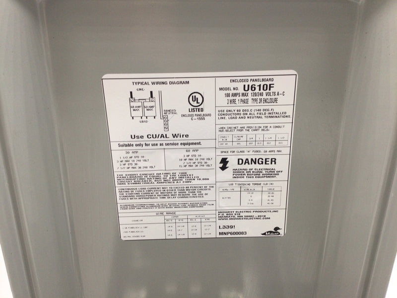 Midwest U610F 100 Amp 120/240V 3 Wire 1 Phase 3R Enclosure