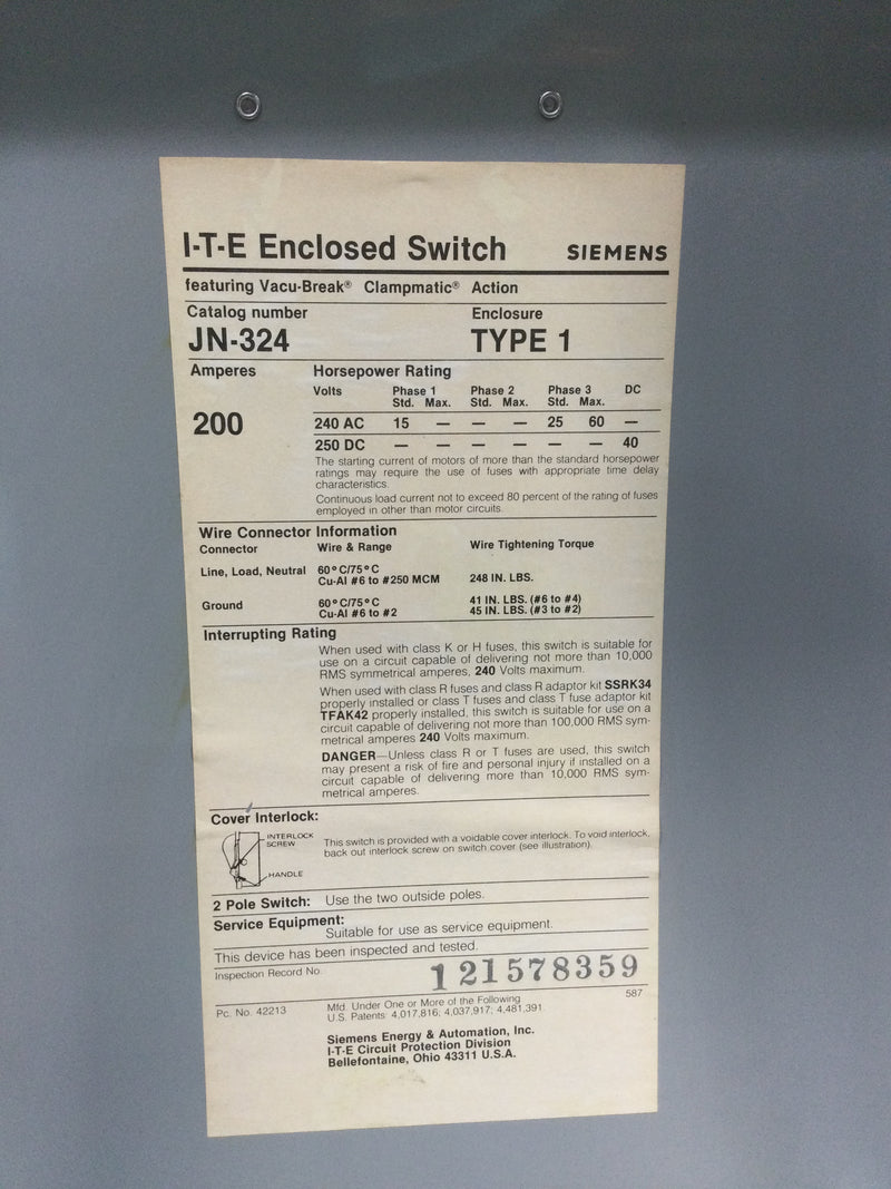 Siemens JN324 200 Amp 15 HP General Duty Fused Safety Switch 2 Pole 240 VAC Nema Type 1 Enclosure