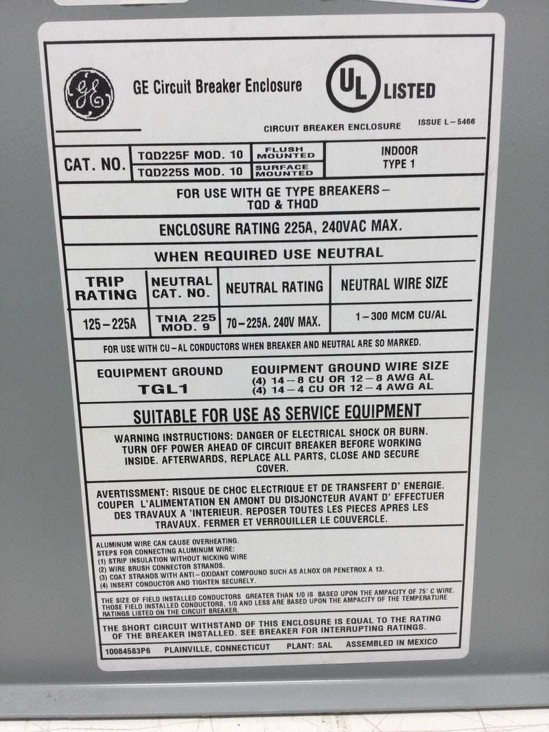 GE General Electric TQD225S Surface Mounted Circuit Breaker Enclosure for TQD & THQD Breakers Rated for 225 Amps and 240 VAC