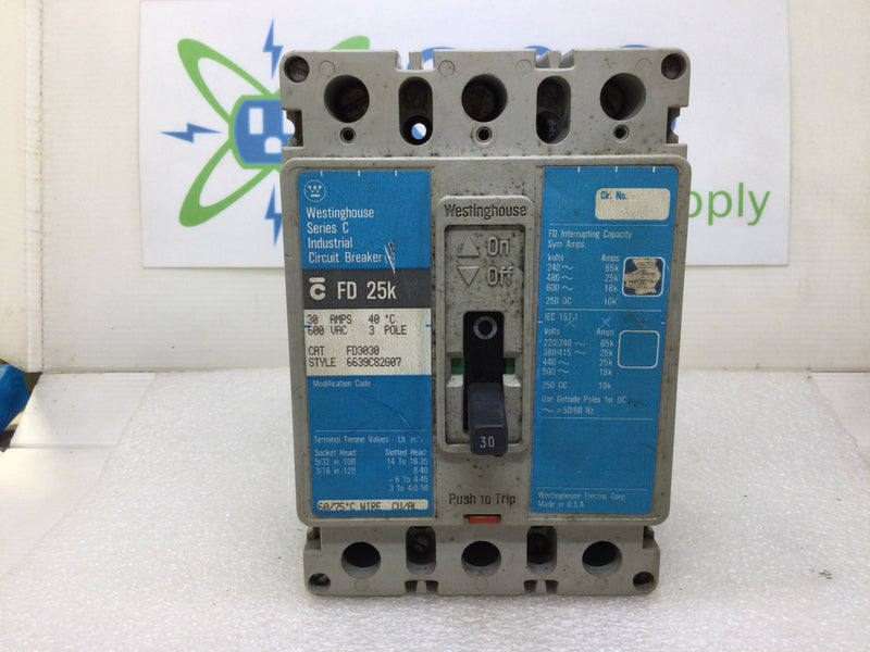 Westinghouse FD3030 30 Amp 600 Volt 3 Pole Circuit Breaker 35k Blue Label