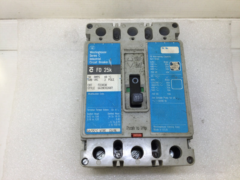 Westinghouse FD3030 30 Amp 600 Volt 3 Pole Circuit Breaker 35k Blue Label