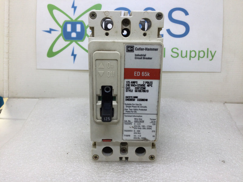 Cutler Hammer ED2125W 2 Pole 125 Amp ED 65kA @ 240V Circuit Breaker