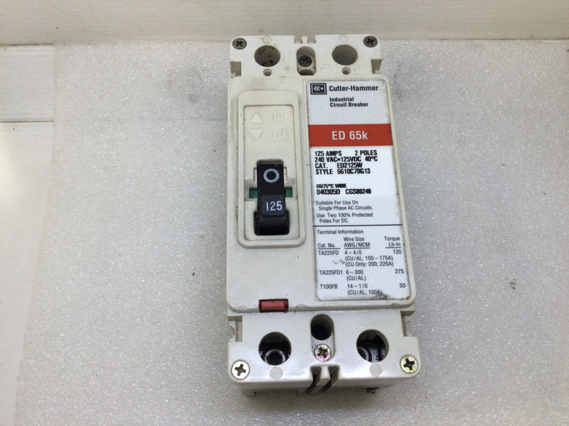 Cutler Hammer ED2125W 2 Pole 125 Amp ED 65kA @ 240V Circuit Breaker