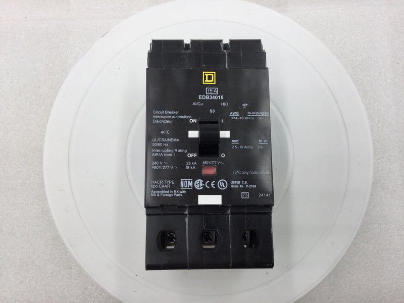 Square D EDB34015 Circuit Breaker 15 Amp 3 Pole 480Y/277V AC