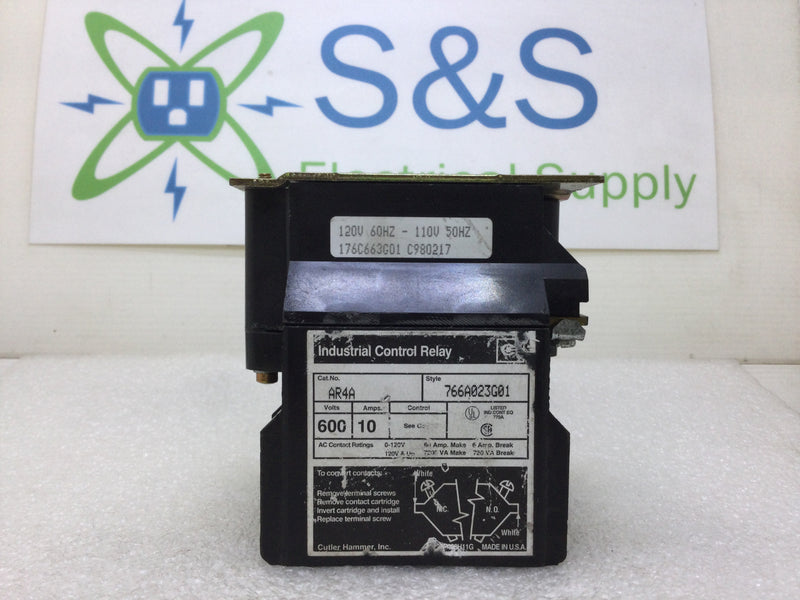 Cutler-Hammer 766A023G01/AR4A Industrial Control Relay 600 VAC 10 Amp with 120 VAC Coil