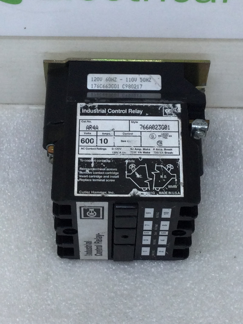 Cutler-Hammer 766A023G01/AR4A Industrial Control Relay 600 VAC 10 Amp with 120 VAC Coil