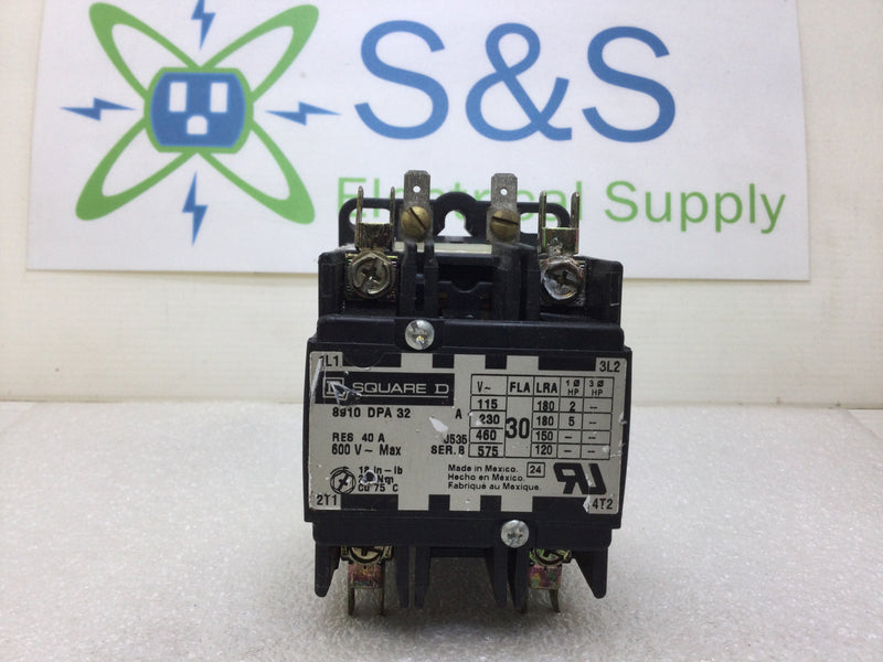 Square D 8910 DPA 32 30 Amp 600 VAC 2 Pole 5 HP Definite Purpose Contactor with 120 VAC Coil