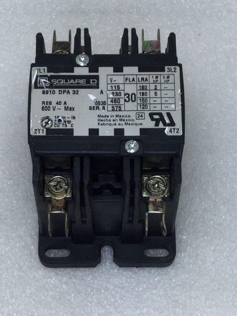 Square D 8910 DPA 32 30 Amp 600 VAC 2 Pole 5 HP Definite Purpose Contactor with 120 VAC Coil