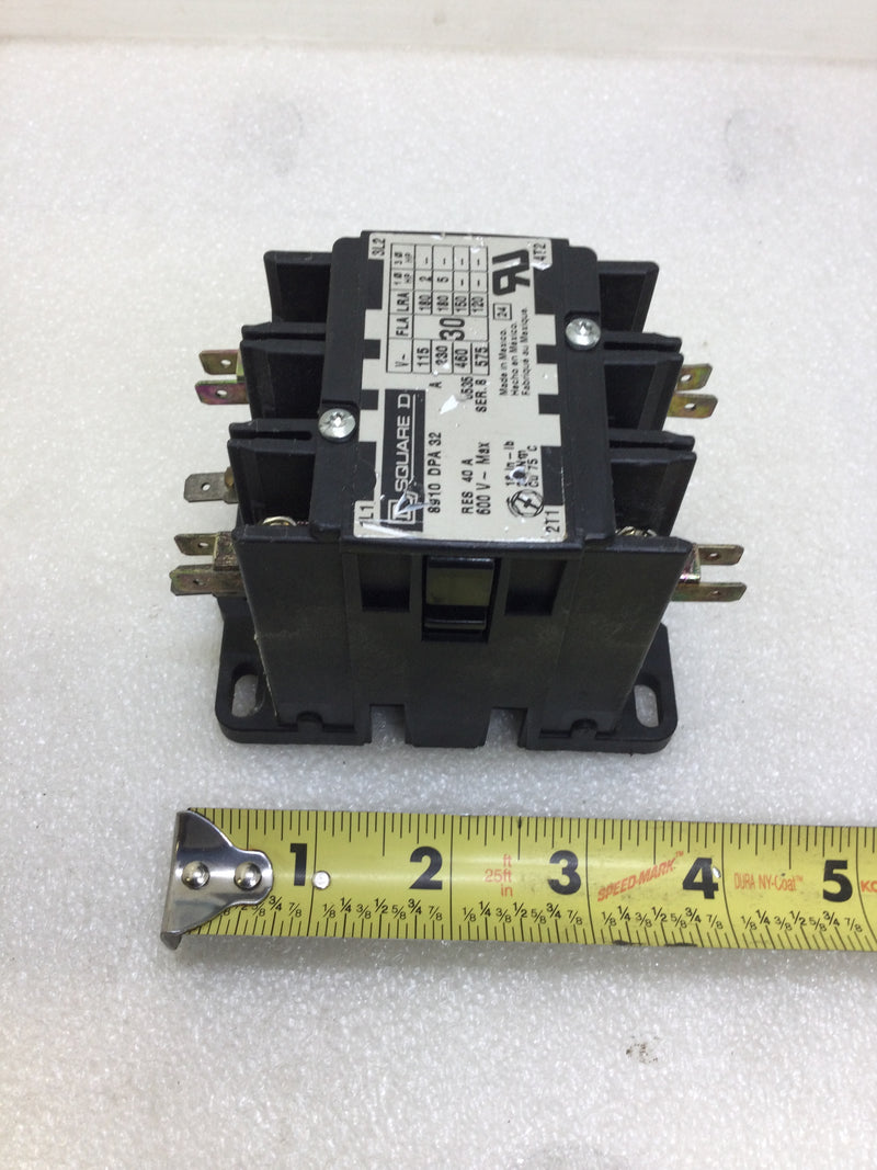 Square D 8910 DPA 32 30 Amp 600 VAC 2 Pole 5 HP Definite Purpose Contactor with 120 VAC Coil