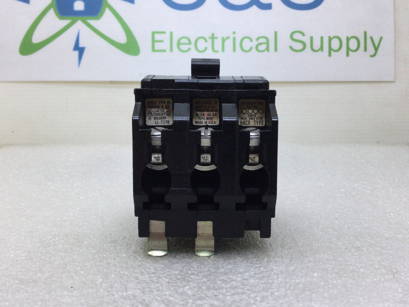 Square D QO340 40 Amp 3 Pole 240VAC HACR Type Circuit Breaker - Black Face