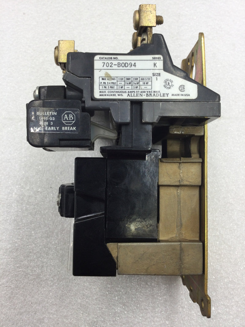 Allen-Bradley 702-BOD94 Series K Contactor 27 Amp 3 Pole 115-575 VAC 10 HP with 120 VAC Coil