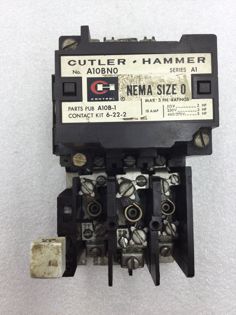 Cutler-Hammer A10BN0 Nema Size 0 18 Amp 3 Phase 115-575 VAC Motor Starter with Overload Relay and 120 VAC Coil