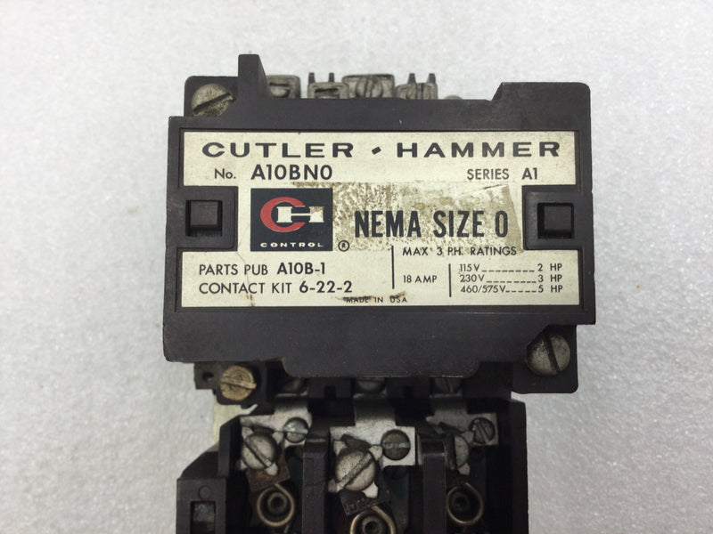 Cutler-Hammer A10BN0 Nema Size 0 18 Amp 3 Phase 115-575 VAC Motor Starter with Overload Relay and 120 VAC Coil