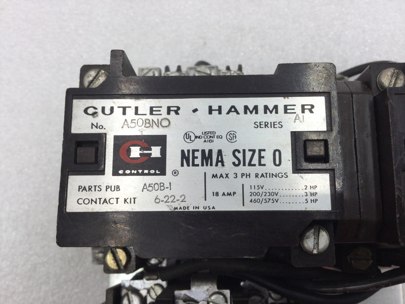 Cutler-Hammer A50BN0 Nema Size 0 18 Amp 3 Phase 115-575 VAC Reversing Motor Starter with Overload Relay and 120 VAC Coil