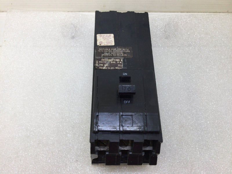 Square D Q1B370VH 70 Amp 3 Pole 240V 22kAIC Plug In Circuit Breaker