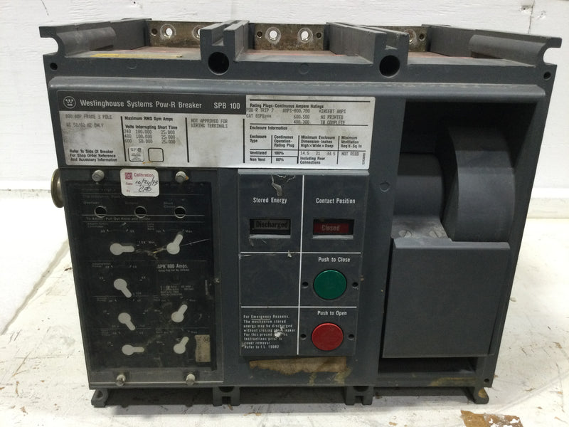 Westinghouse SPB100 800 Amp 3 Pole 600V Pow-R Breaker w/Shunt Trip 24VDC 8 Amp