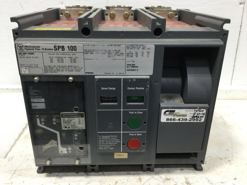 Westinghouse SPB100 800 Amp 3 Pole 600V Pow-R Breaker w/Shunt Trip 24VDC 8 Amp