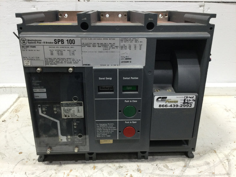 Westinghouse SPB100 800 Amp 3 Pole 600V Pow-R Breaker w/Shunt Trip 24VDC 8 Amp