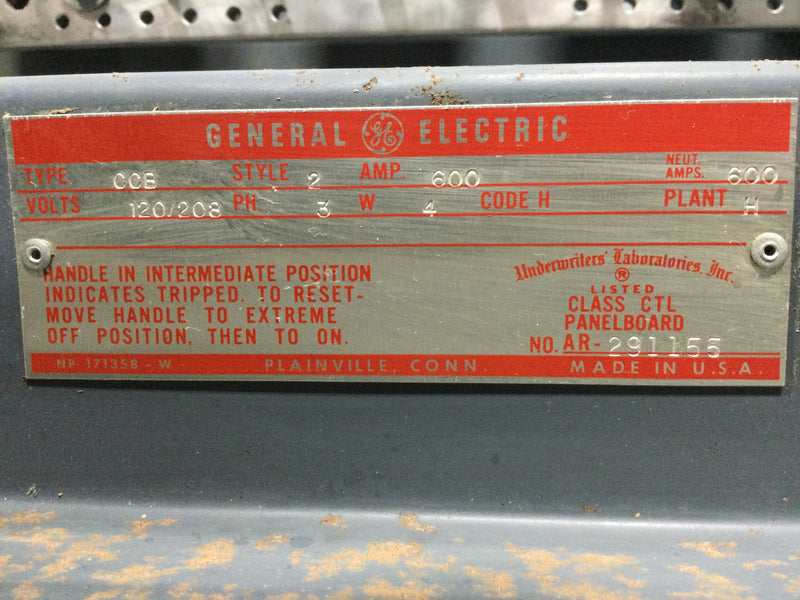 GE General Electric CCB Series Style 2 600 Amp 480Y/277V 3 PH 4 Wire - Panel Guts Only