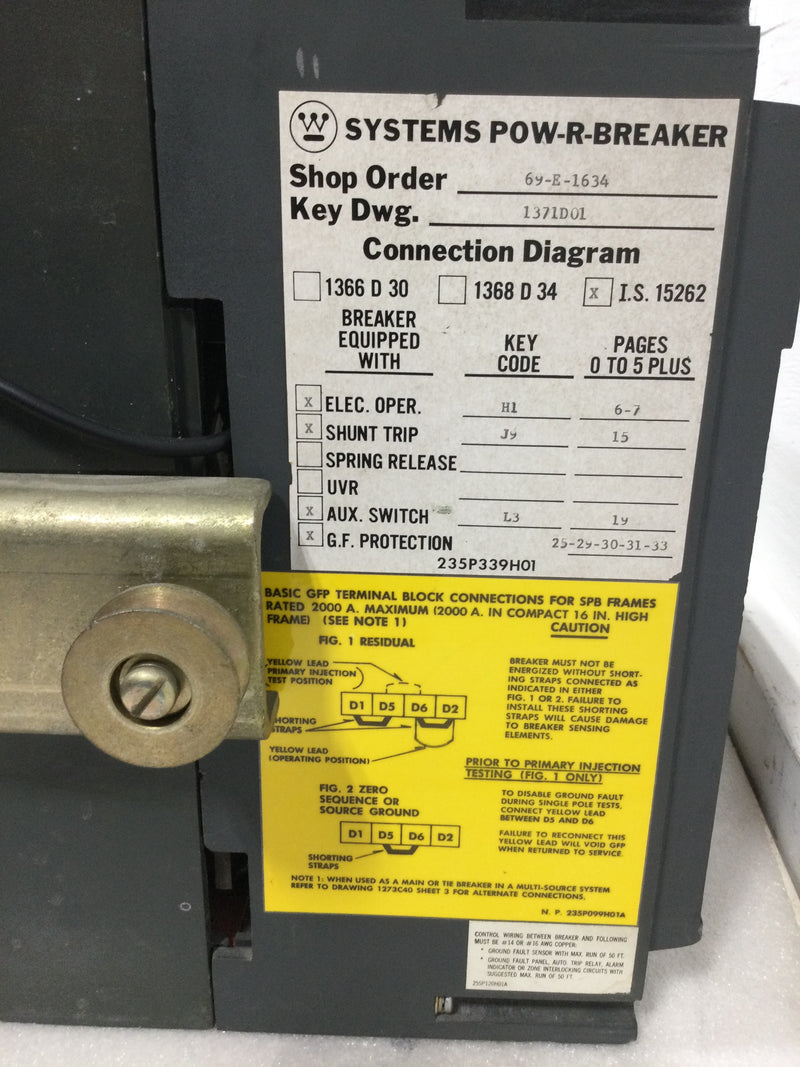 Westinghouse SPB100 800 Amp 3 Pole 600V Pow-R Breaker w/Shunt Trip 24VDC 8 Amp