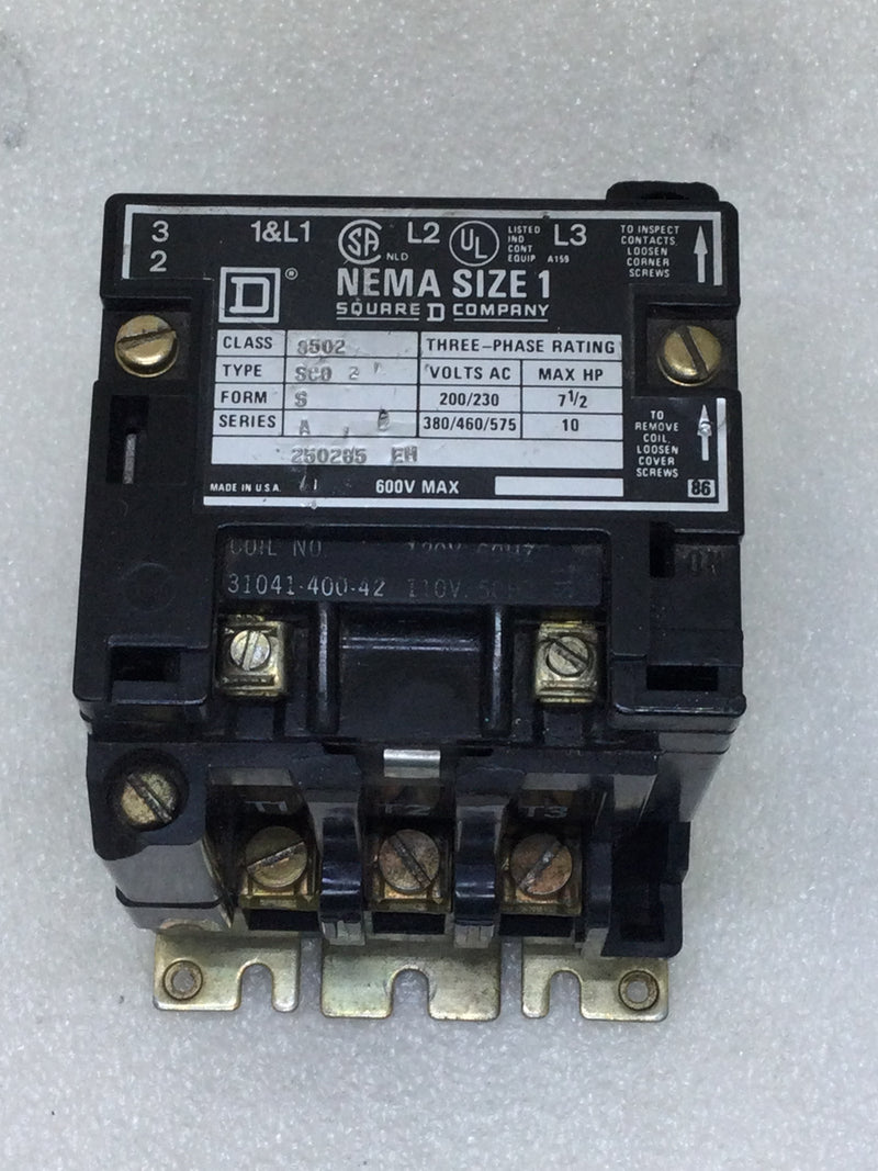 Square D 8502SC02 Series A Nema Size 1 Contactor 30 Amp 3 Phase 200-575 VAC 7.5-10 HP 120 VAC Coil