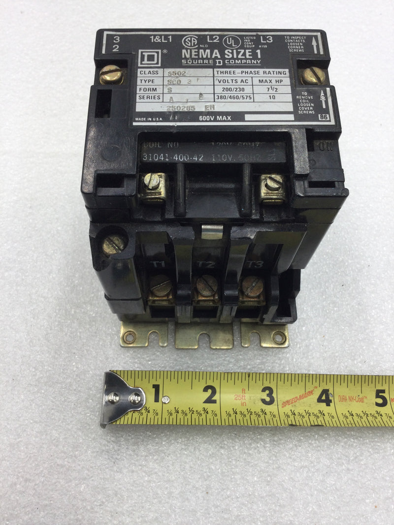 Square D 8502SC02 Series A Nema Size 1 Contactor 30 Amp 3 Phase 200-575 VAC 7.5-10 HP 120 VAC Coil