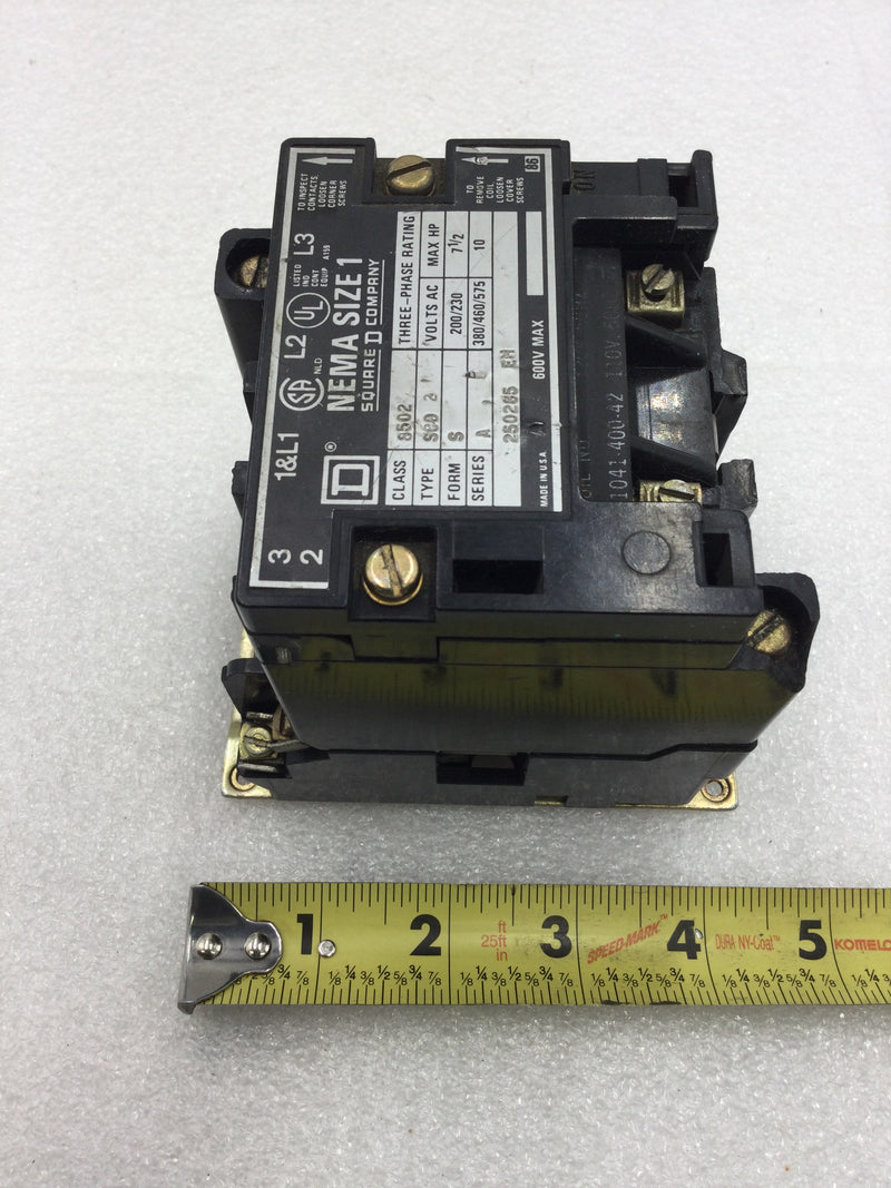 Square D 8502SC02 Series A Nema Size 1 Contactor 30 Amp 3 Phase 200-575 VAC 7.5-10 HP 120 VAC Coil