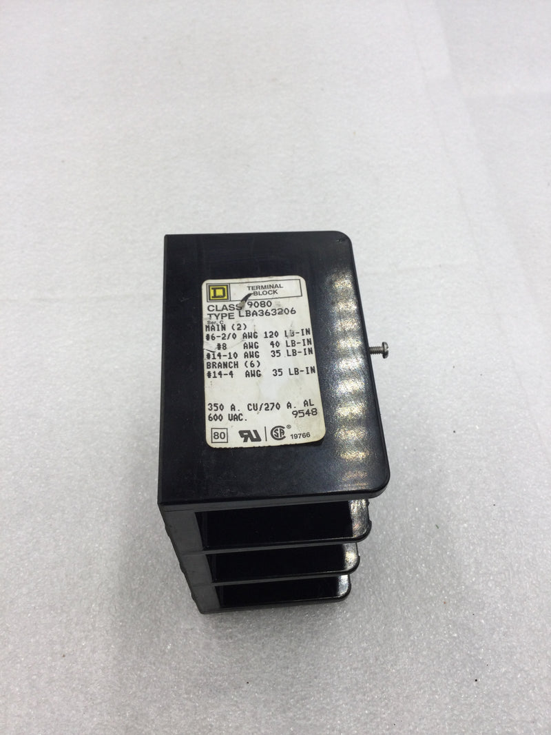 Square D 9080 LBA363206 350 Amp CU/270A AL 600 VAC 3 Pole 2 Main 6 Branch Terminals per Pole