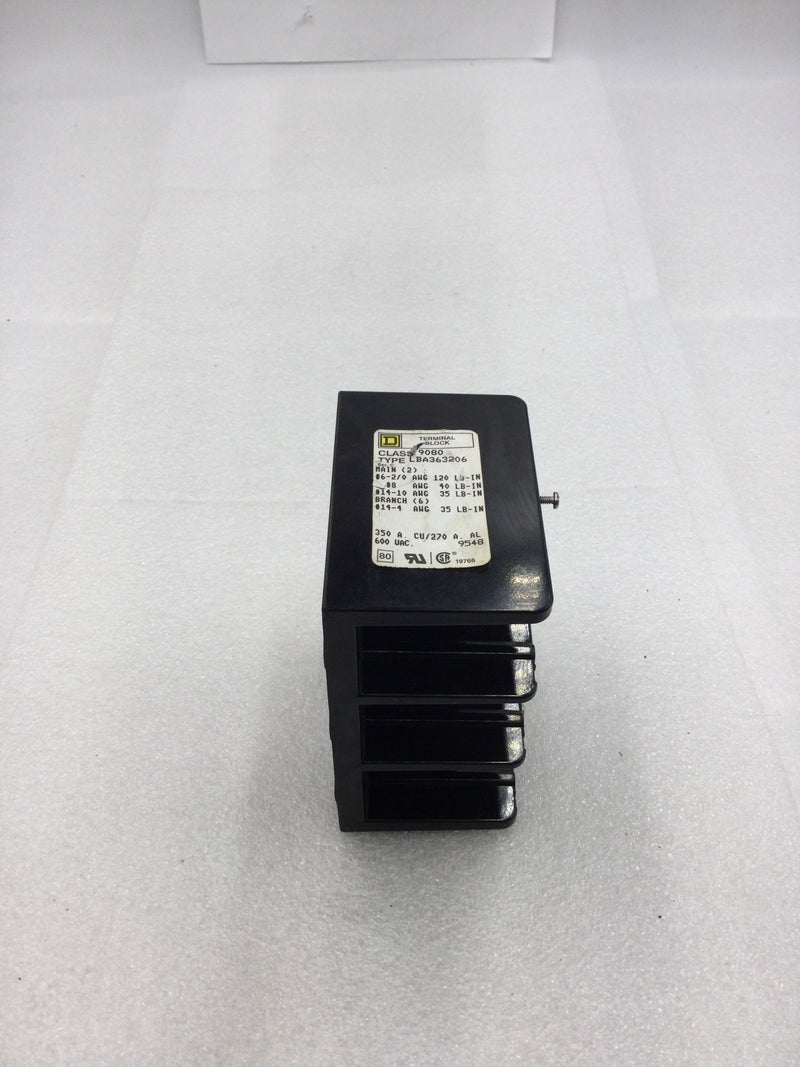 Square D 9080 LBA363206 350 Amp CU/270A AL 600 VAC 3 Pole 2 Main 6 Branch Terminals per Pole