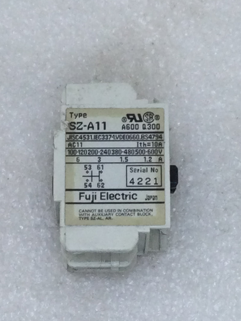Fuji Electric SZ-A11 Auxiliary Contact Block 1 NO/1 NC 100-600 VAC 1.2-6 Amp