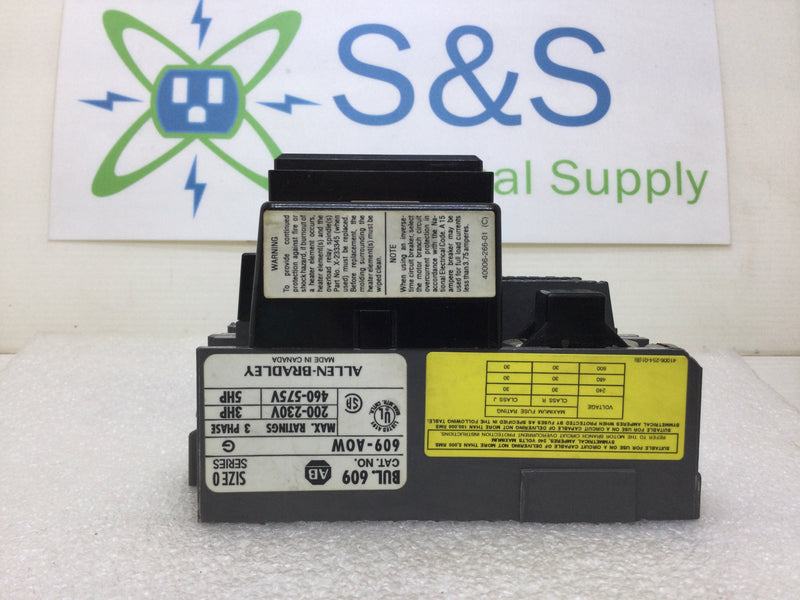 Allen Bradley 609-A0W Size 0 Manual Motor Starter Button 3 Phase 200-575 VAC 3-5 HP