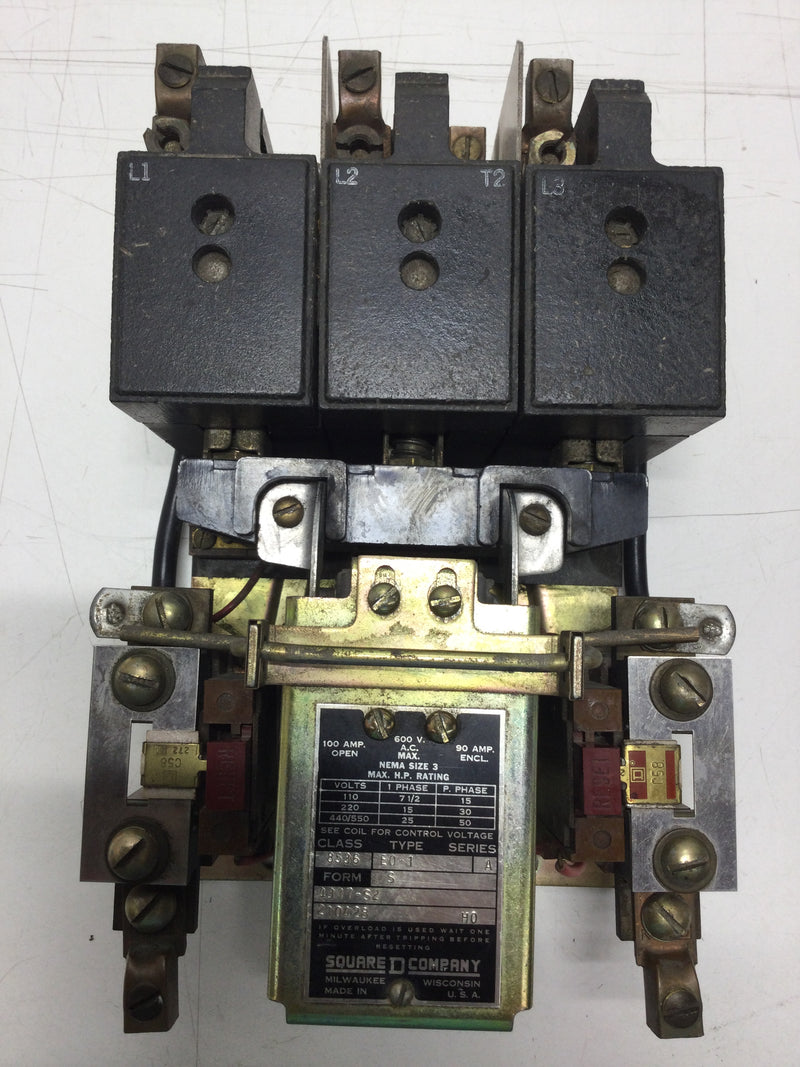 Square D 8536 E0-1 Nema Size 3 Starter 100 Amp 3 Phase 110-550 VAC 7.5 to 50 HP