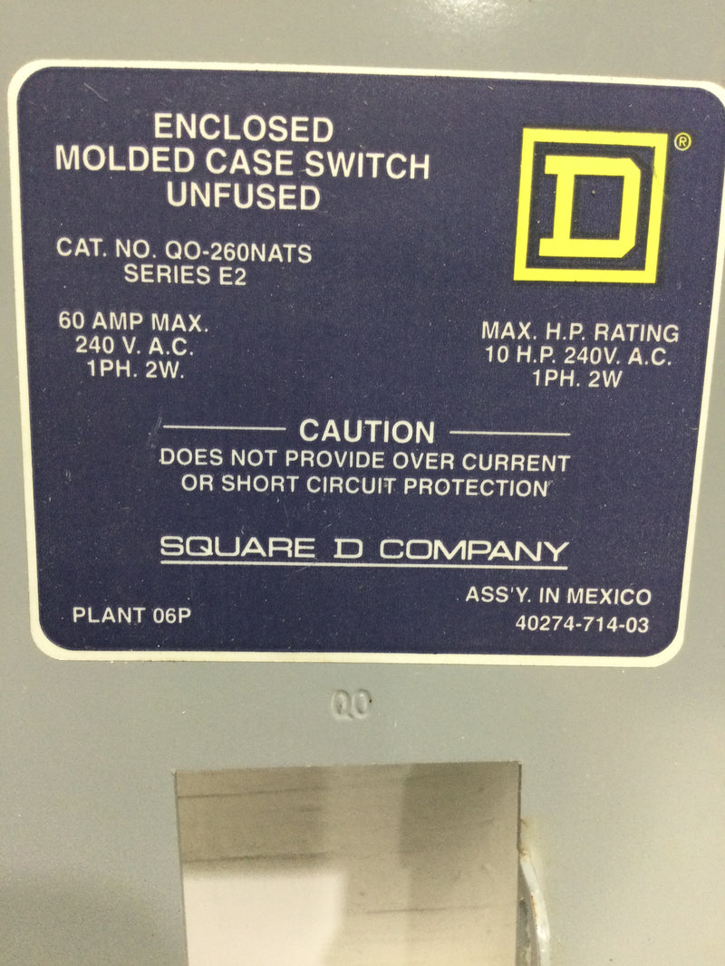 Square D QO-260NATS Switch Cover Only 60 Amp 240V 9 1/2" x 5"