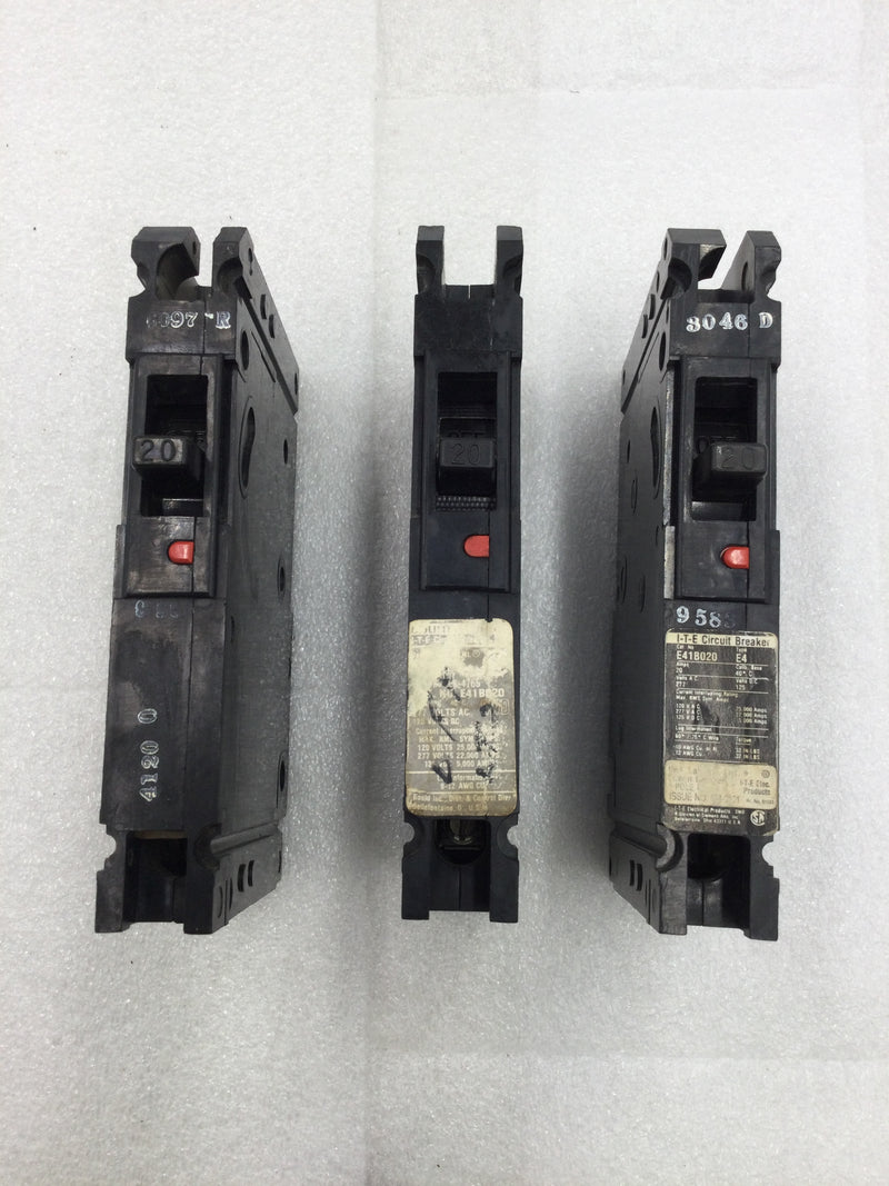 Lot of 3 - ITE/Siemens E41B020 Type E4 Single Pole 20 Amp 120/277V Bolt on Circuit Breaker