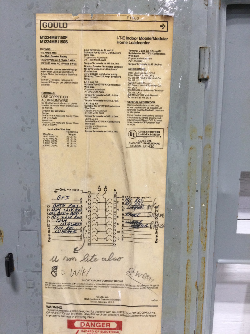 ITE Gould M1224MB1150F/S Load Center Cover Only With Main 150 Amp  120/240V 12 Space 25 1/4" x 15 1/2"