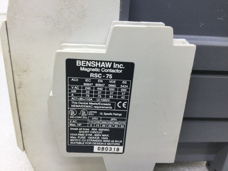 Benshaw RSC-75 Magnetic Contactor 70 Amp 600Vac Coil 120V