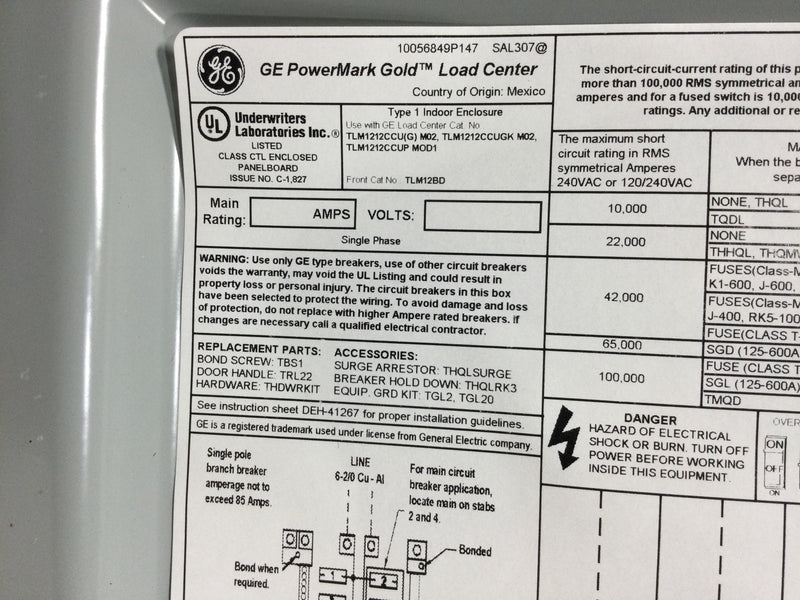 GE TLM1212CCUGK Main Lug Indoor Value Pack, 125 AMP, 14 Space/ 24 circuits