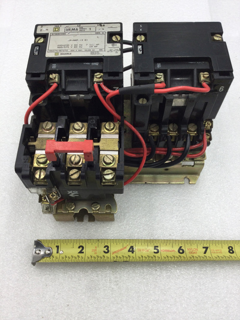 Square D 8736 SCO8S Series A Nema Size 1 Reversing Starter/Contactor 3 Pole 200-575 VAC 7.5 to 10 HP with 120 VAC Coil