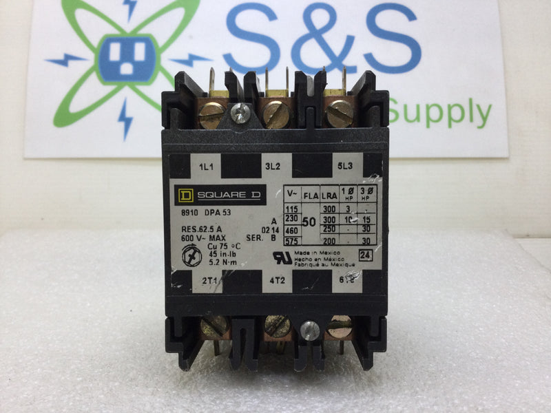 Square D 8910 DPA53 Definite Purpose Contactor 50 Amp 3 Pole 115-600 VAC with 120 VAC Coil