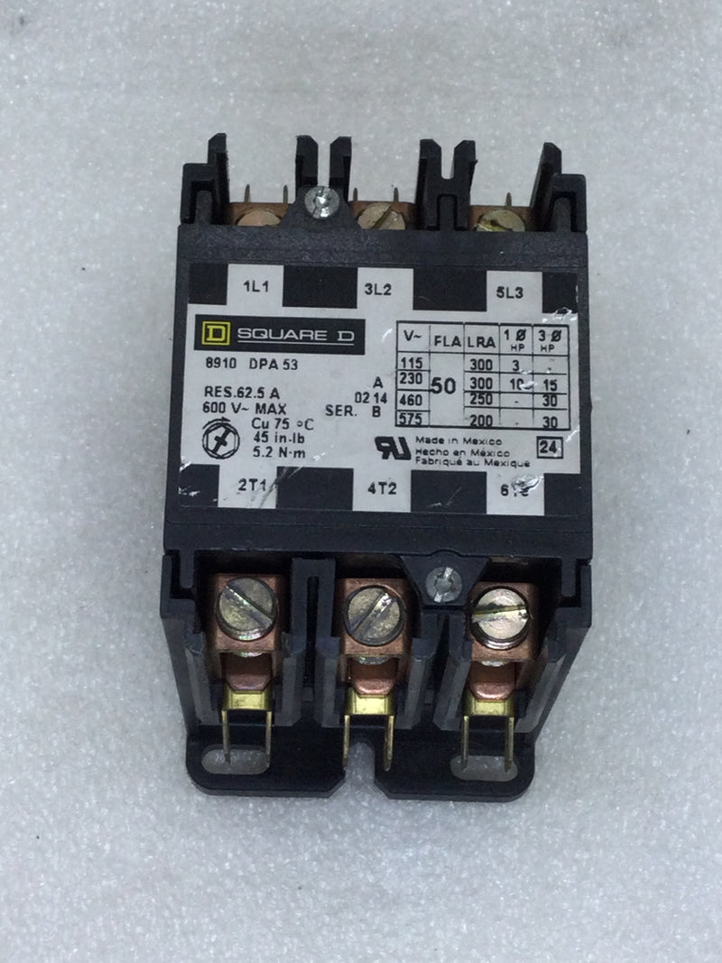 Square D 8910 DPA53 Definite Purpose Contactor 50 Amp 3 Pole 115-600 VAC with 120 VAC Coil