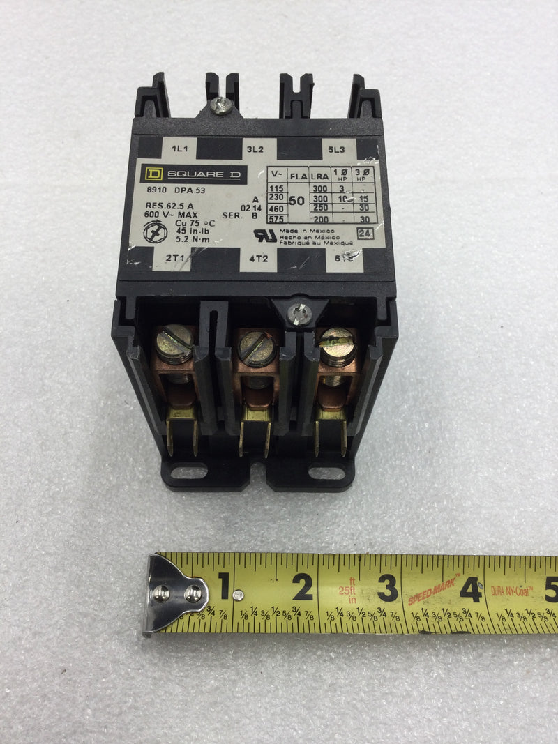 Square D 8910 DPA53 Definite Purpose Contactor 50 Amp 3 Pole 115-600 VAC with 120 VAC Coil