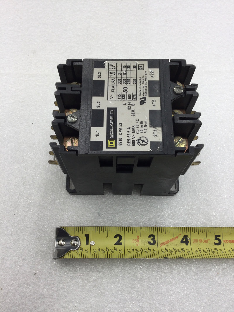 Square D 8910 DPA53 Definite Purpose Contactor 50 Amp 3 Pole 115-600 VAC with 120 VAC Coil