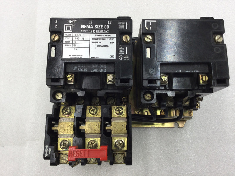 Square D 8736 SA016 Nema Size 00 Series B Reversing Starter/Contactor 3 Phase 200-575 VAC 1 1/2 to 2 HP with 120 VAC Coil