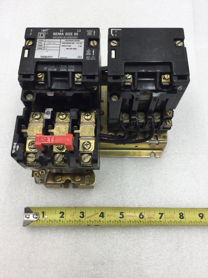 Square D 8736 SA016 Nema Size 00 Series B Reversing Starter/Contactor 3 Phase 200-575 VAC 1 1/2 to 2 HP with 120 VAC Coil