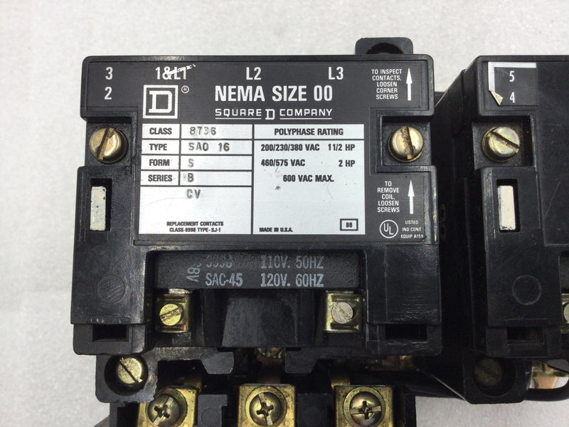 Square D 8736 SA016 Nema Size 00 Series B Reversing Starter/Contactor 3 Phase 200-575 VAC 1 1/2 to 2 HP with 120 VAC Coil