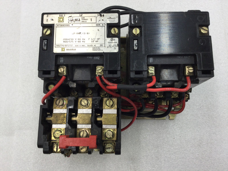 Square D 8736 SCO8S Series A Nema Size 1 Reversing Starter/Contactor 3 Pole 200-575 VAC 7.5 to 10 HP with 120 VAC Coil